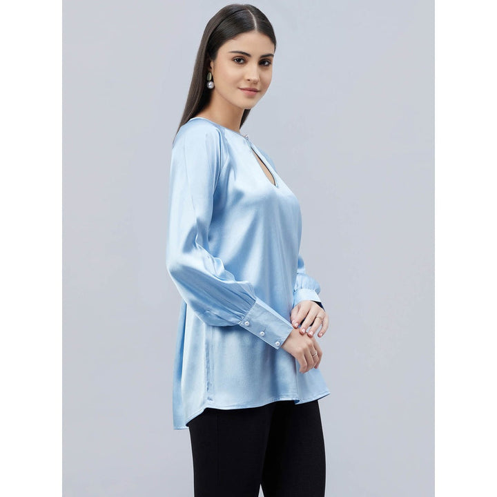 First Resort by Ramola Bachchan Sky Blue Keyhole Solid Satin Shirt