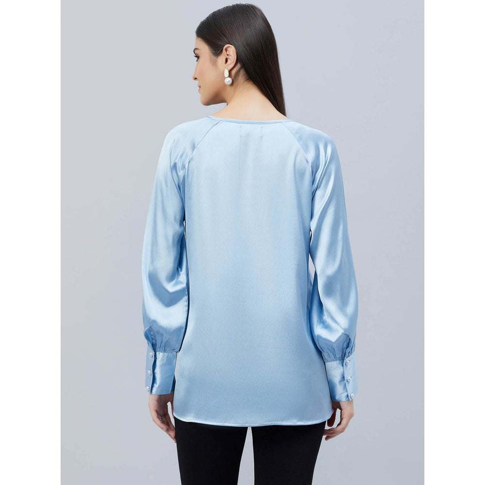 First Resort by Ramola Bachchan Sky Blue Keyhole Solid Satin Shirt