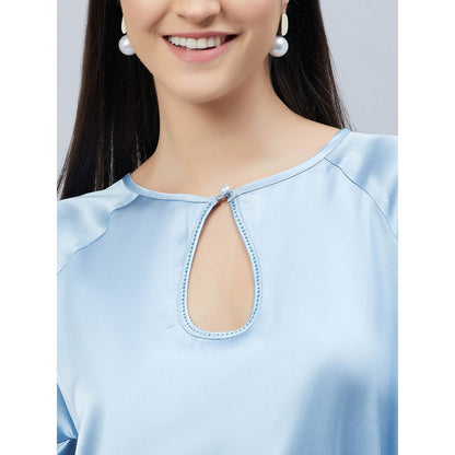 First Resort by Ramola Bachchan Sky Blue Keyhole Solid Satin Shirt
