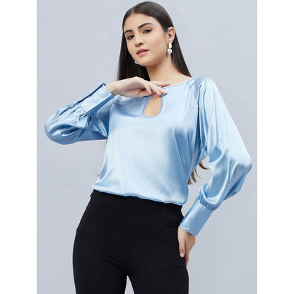 First Resort by Ramola Bachchan Sky Blue Keyhole Solid Satin Shirt