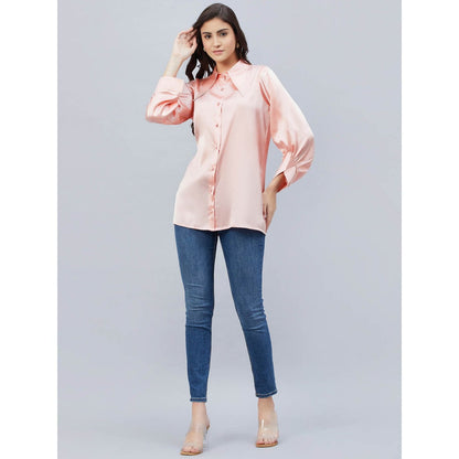 First Resort by Ramola Bachchan Pink Long Collar Embellished Satin Shirt