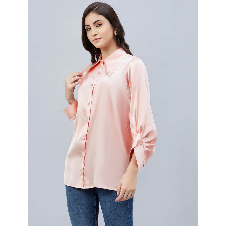 First Resort by Ramola Bachchan Pink Long Collar Embellished Satin Shirt