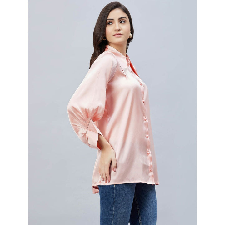 First Resort by Ramola Bachchan Pink Long Collar Embellished Satin Shirt