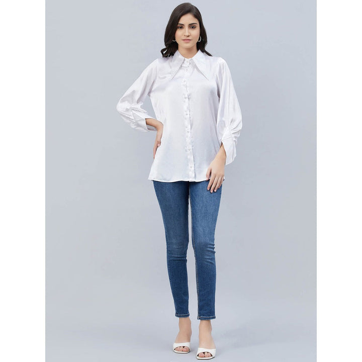 First Resort by Ramola Bachchan White Long Collar Embellished Satin Shirt