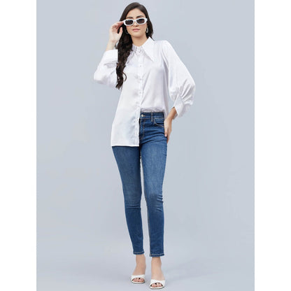 First Resort by Ramola Bachchan White Long Collar Embellished Satin Shirt