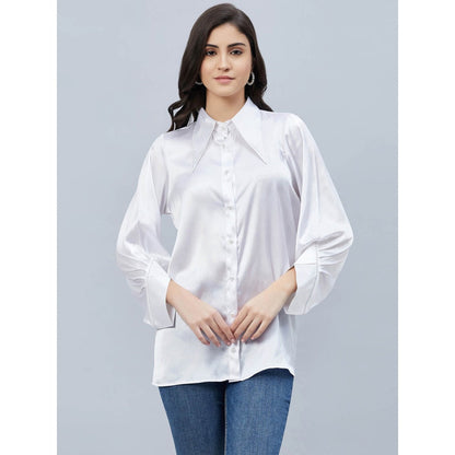 First Resort by Ramola Bachchan White Long Collar Embellished Satin Shirt