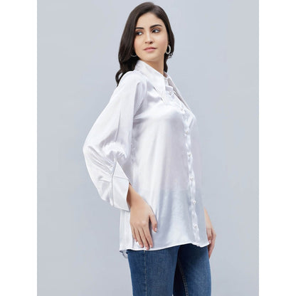 First Resort by Ramola Bachchan White Long Collar Embellished Satin Shirt