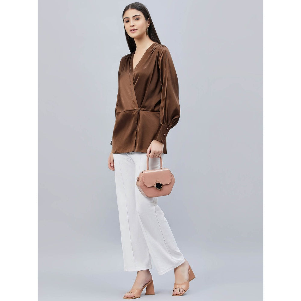 First Resort by Ramola Bachchan Brown Wrap Embellished Satin Shirt