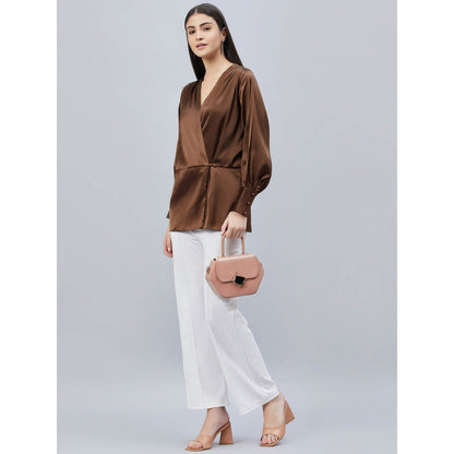 First Resort by Ramola Bachchan Brown Wrap Embellished Satin Shirt