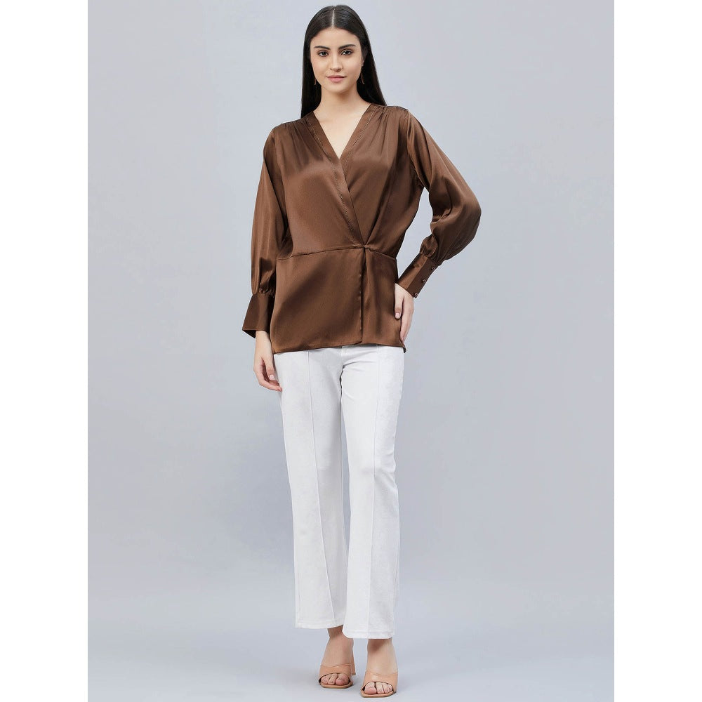 First Resort by Ramola Bachchan Brown Wrap Embellished Satin Shirt