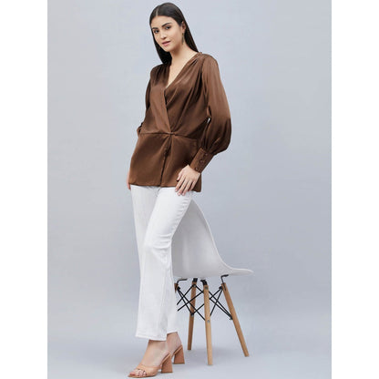 First Resort by Ramola Bachchan Brown Wrap Embellished Satin Shirt