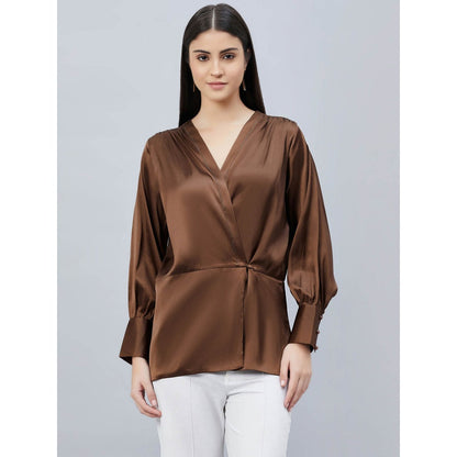 First Resort by Ramola Bachchan Brown Wrap Embellished Satin Shirt