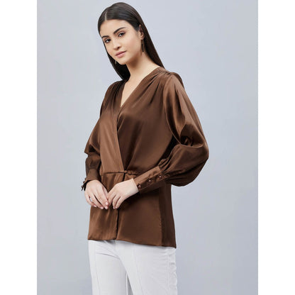 First Resort by Ramola Bachchan Brown Wrap Embellished Satin Shirt