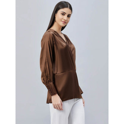 First Resort by Ramola Bachchan Brown Wrap Embellished Satin Shirt