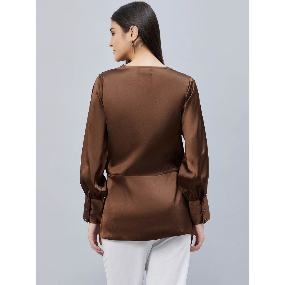 First Resort by Ramola Bachchan Brown Wrap Embellished Satin Shirt