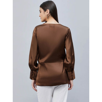 First Resort by Ramola Bachchan Brown Wrap Embellished Satin Shirt