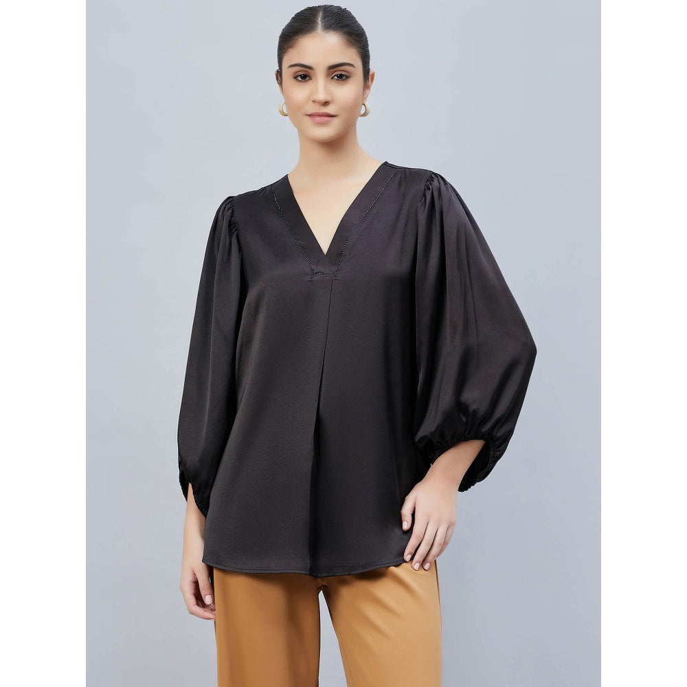 First Resort by Ramola Bachchan Black V-Neck Embellished Satin Shirt