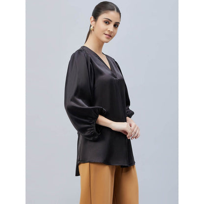 First Resort by Ramola Bachchan Black V-Neck Embellished Satin Shirt