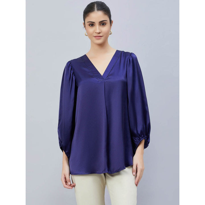 First Resort by Ramola Bachchan Navy Blue V-Neck Embellished Satin Shirt