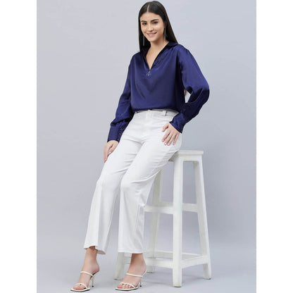 First Resort by Ramola Bachchan Navy Blue V-Neck Gathered Embellished Satin Shirt