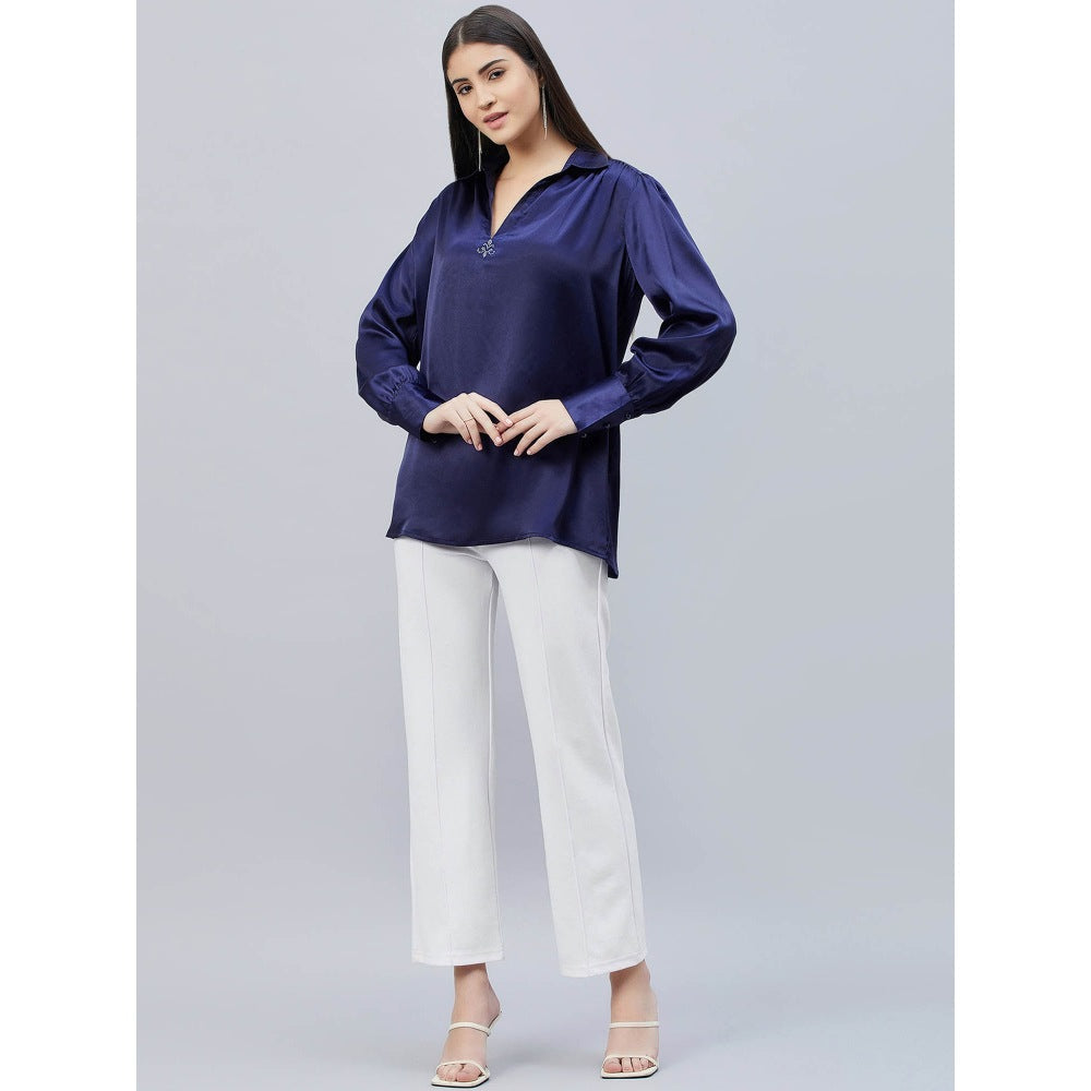 First Resort by Ramola Bachchan Navy Blue V-Neck Gathered Embellished Satin Shirt