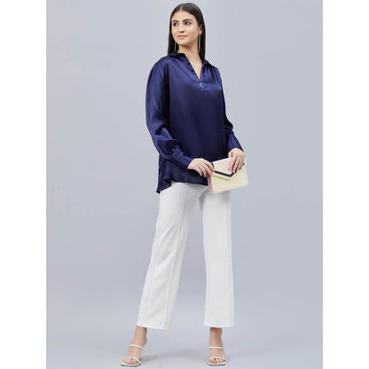 First Resort by Ramola Bachchan Navy Blue V-Neck Gathered Embellished Satin Shirt