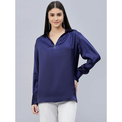 First Resort by Ramola Bachchan Navy Blue V-Neck Gathered Embellished Satin Shirt