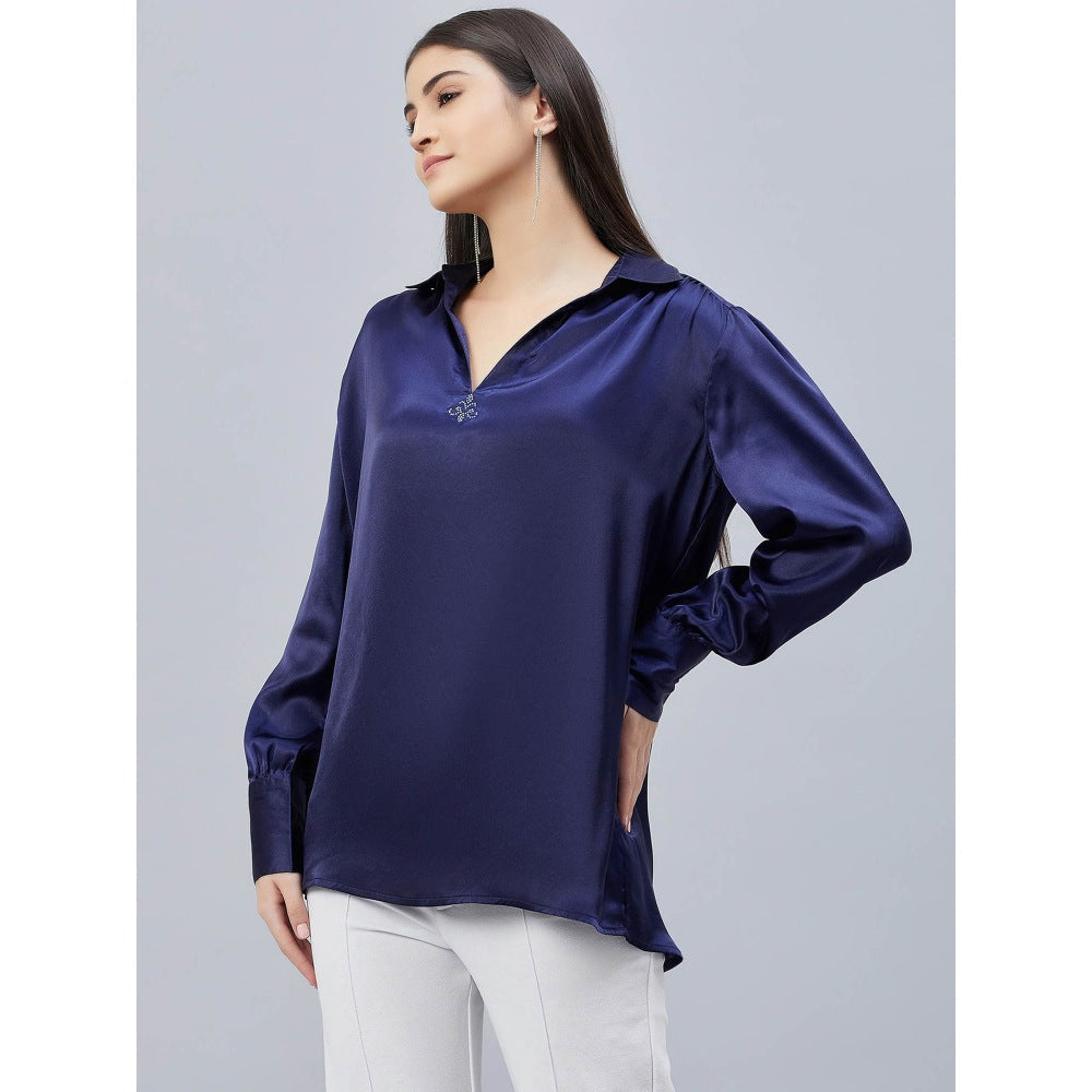 First Resort by Ramola Bachchan Navy Blue V-Neck Gathered Embellished Satin Shirt