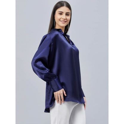 First Resort by Ramola Bachchan Navy Blue V-Neck Gathered Embellished Satin Shirt