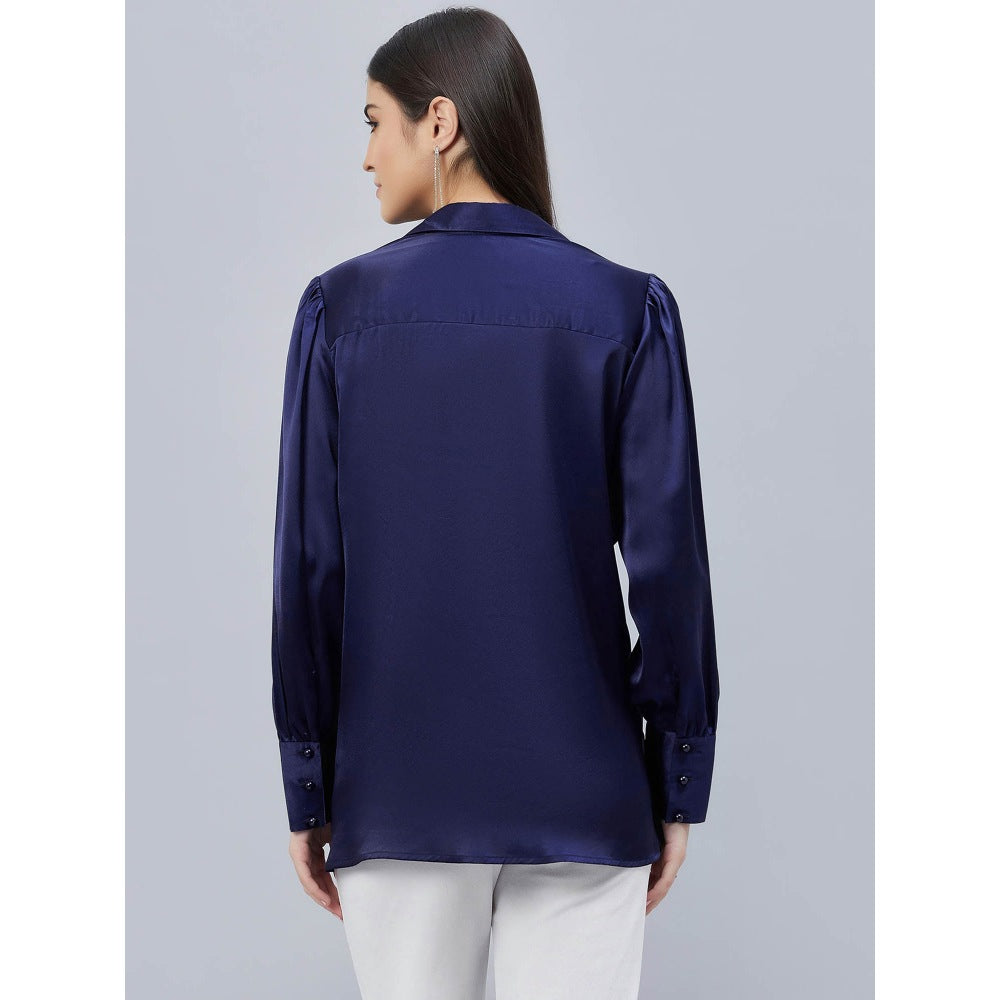 First Resort by Ramola Bachchan Navy Blue V-Neck Gathered Embellished Satin Shirt