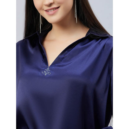 First Resort by Ramola Bachchan Navy Blue V-Neck Gathered Embellished Satin Shirt