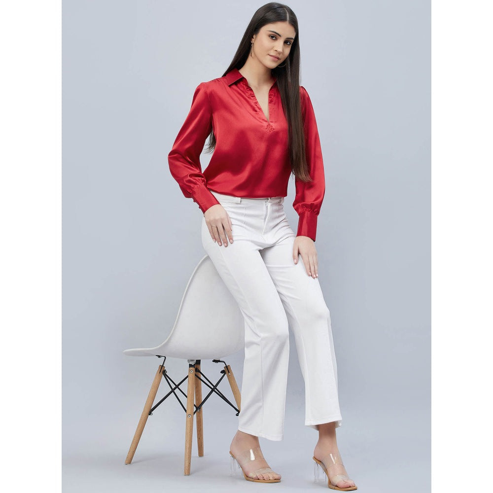 First Resort by Ramola Bachchan Red V-Neck Gathered Embellished Satin Shirt