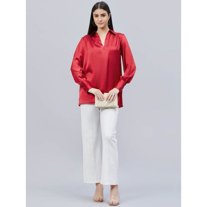 First Resort by Ramola Bachchan Red V-Neck Gathered Embellished Satin Shirt