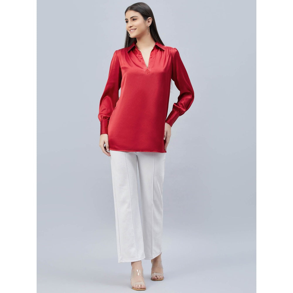 First Resort by Ramola Bachchan Red V-Neck Gathered Embellished Satin Shirt
