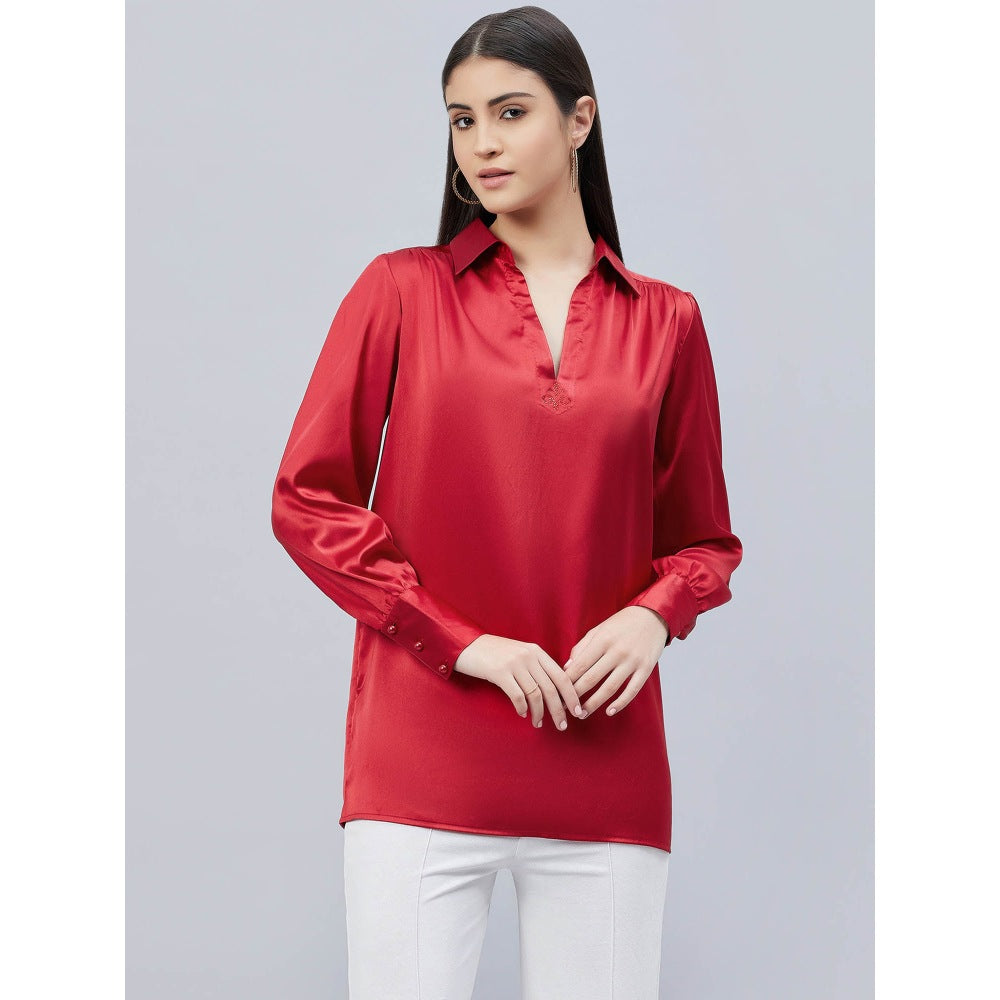 First Resort by Ramola Bachchan Red V-Neck Gathered Embellished Satin Shirt
