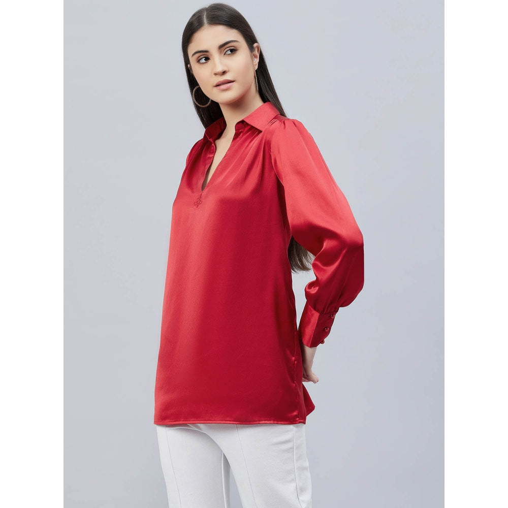 First Resort by Ramola Bachchan Red V-Neck Gathered Embellished Satin Shirt