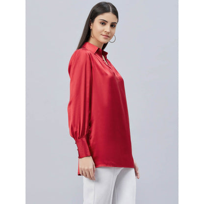 First Resort by Ramola Bachchan Red V-Neck Gathered Embellished Satin Shirt