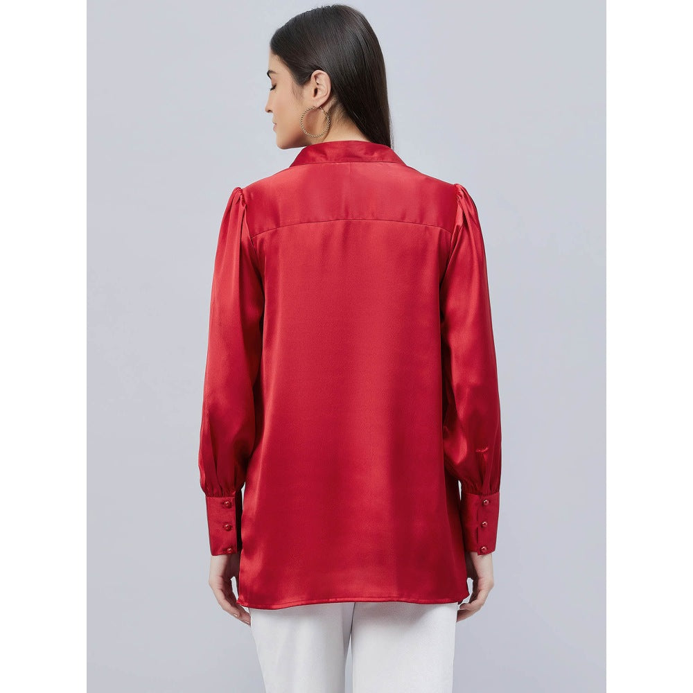 First Resort by Ramola Bachchan Red V-Neck Gathered Embellished Satin Shirt