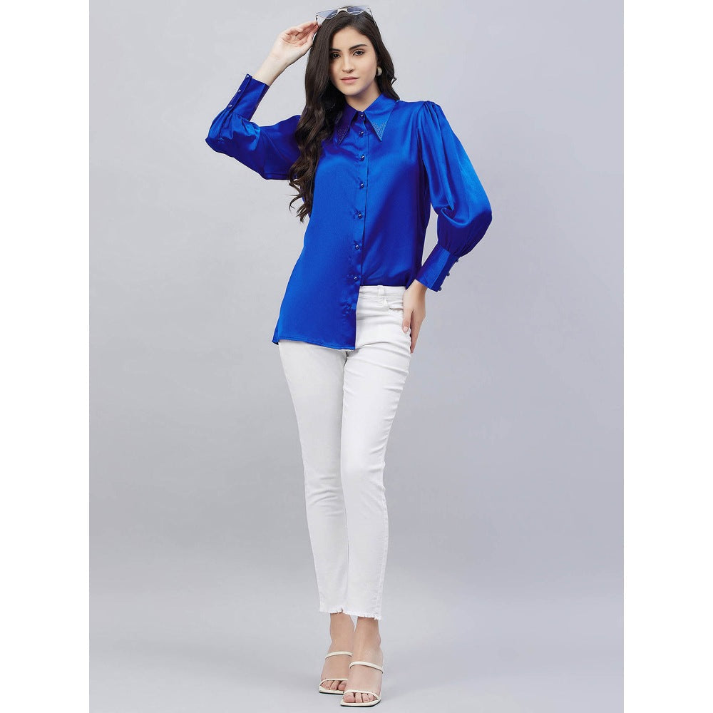 First Resort by Ramola Bachchan Cobalt Blue Shirt Collar Embellished Satin Shirt