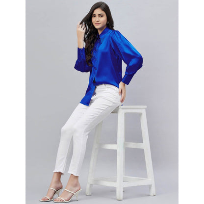 First Resort by Ramola Bachchan Cobalt Blue Shirt Collar Embellished Satin Shirt