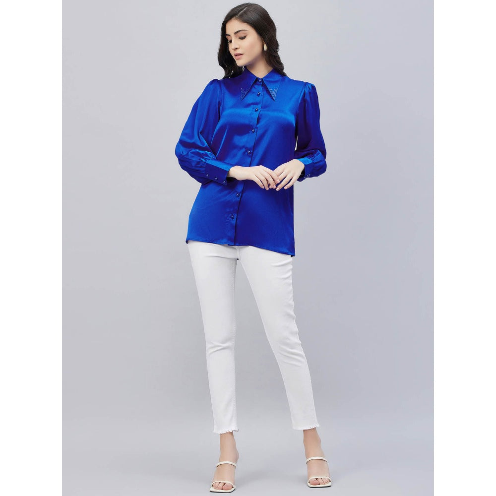 First Resort by Ramola Bachchan Cobalt Blue Shirt Collar Embellished Satin Shirt