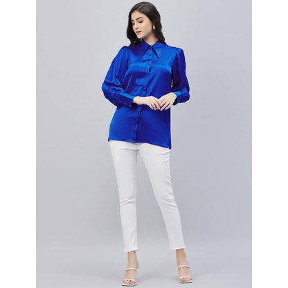 First Resort by Ramola Bachchan Cobalt Blue Shirt Collar Embellished Satin Shirt