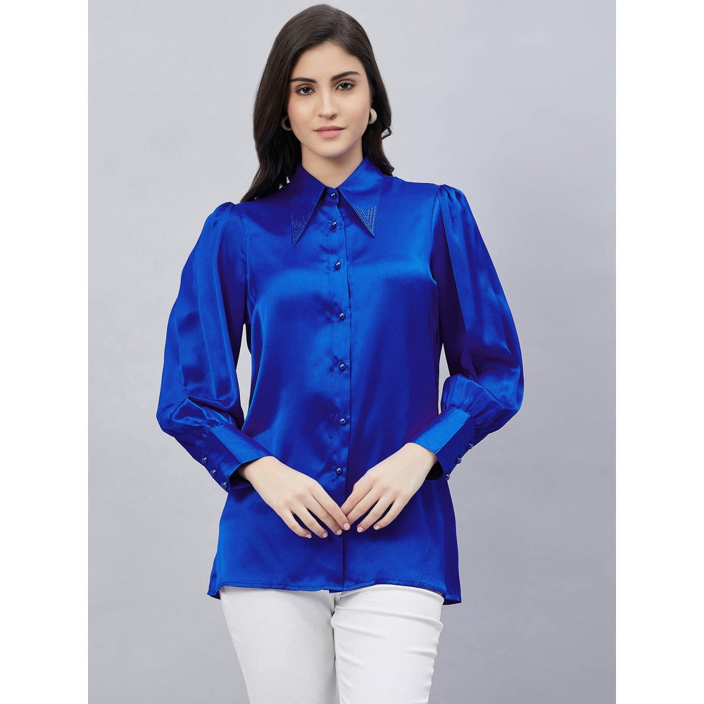 First Resort by Ramola Bachchan Cobalt Blue Shirt Collar Embellished Satin Shirt