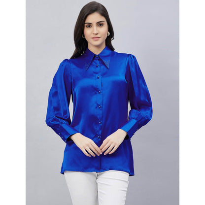 First Resort by Ramola Bachchan Cobalt Blue Shirt Collar Embellished Satin Shirt