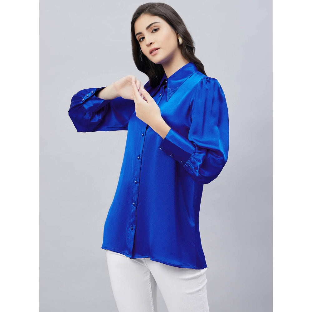 First Resort by Ramola Bachchan Cobalt Blue Shirt Collar Embellished Satin Shirt