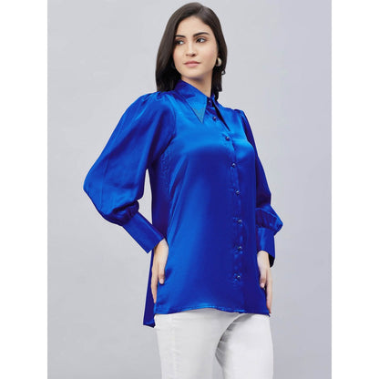 First Resort by Ramola Bachchan Cobalt Blue Shirt Collar Embellished Satin Shirt