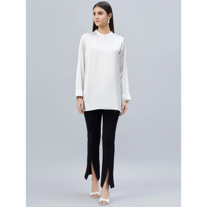 First Resort by Ramola Bachchan White One Side Pleated Embellished Satin Shirt