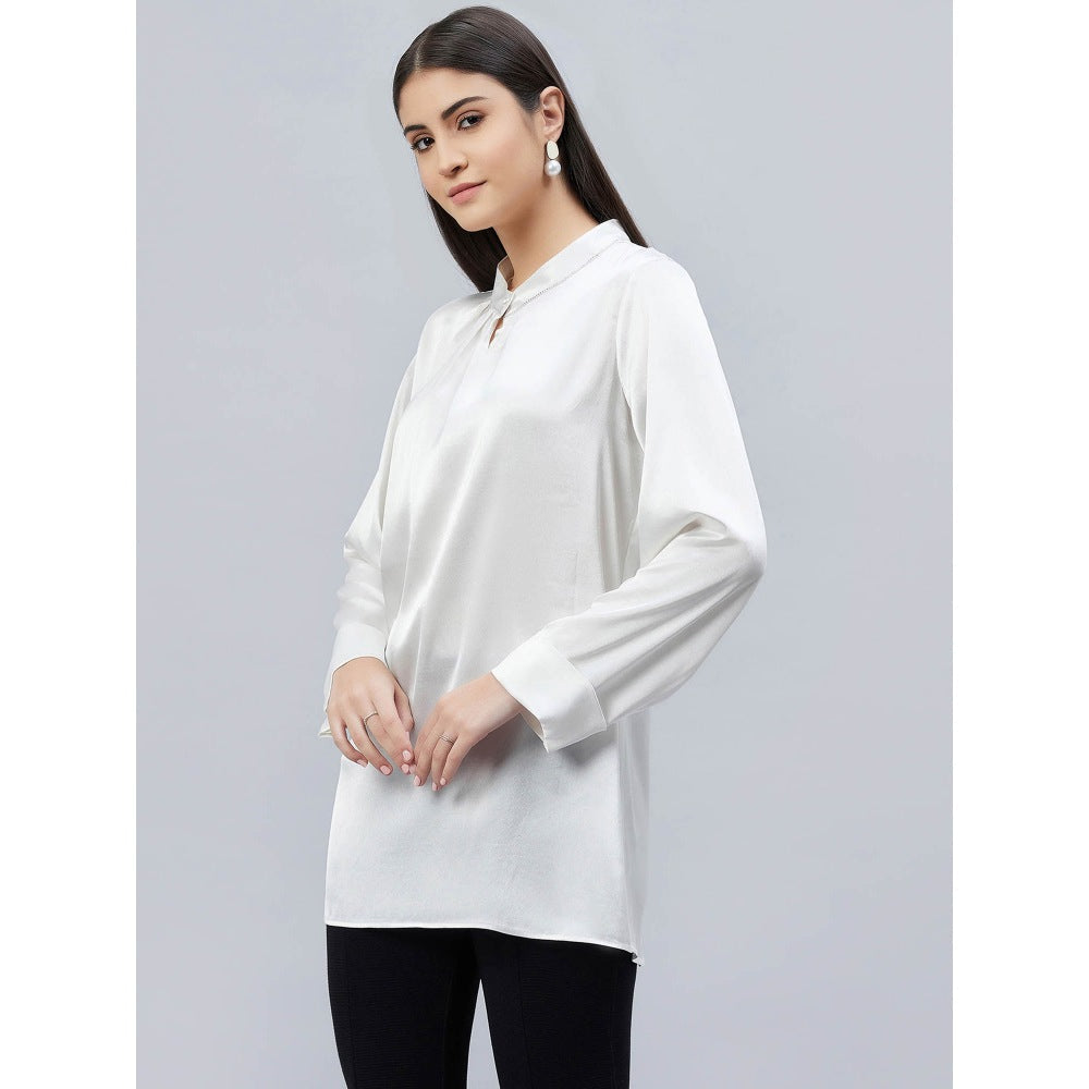 First Resort by Ramola Bachchan White One Side Pleated Embellished Satin Shirt