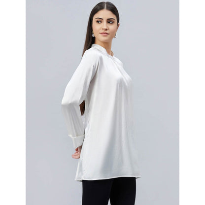 First Resort by Ramola Bachchan White One Side Pleated Embellished Satin Shirt