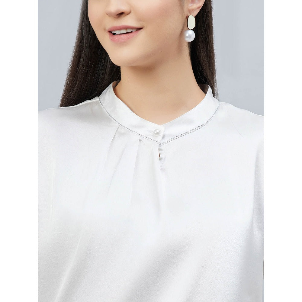 First Resort by Ramola Bachchan White One Side Pleated Embellished Satin Shirt